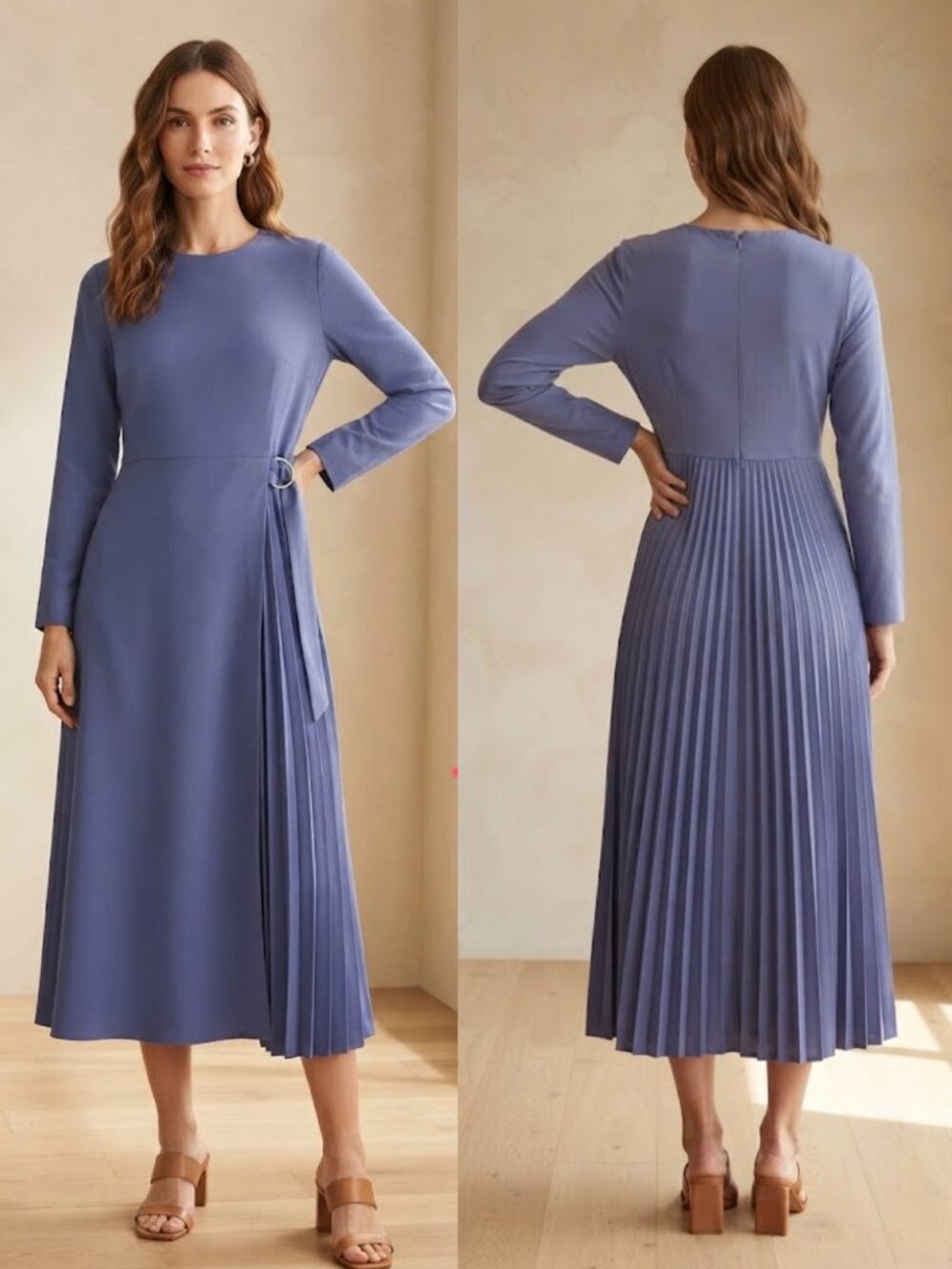 Ann Taylor Periwinkle Blue Wrap Style Midi Dress, Pleated, Elegant 16 NWT